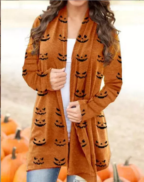Halloween Cardigan for Women Pumpkin Knitting Cardigans Long Sleeve Fall Open Front Cardigan Sweaters Outwear Coat
