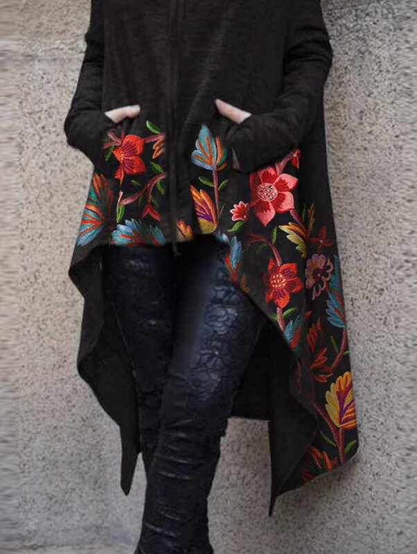 Sudadera con capucha de mezcla de algodón para mujer, abrigo holgado con cordón, con dobladillo asimétrico Floral, Color sólido