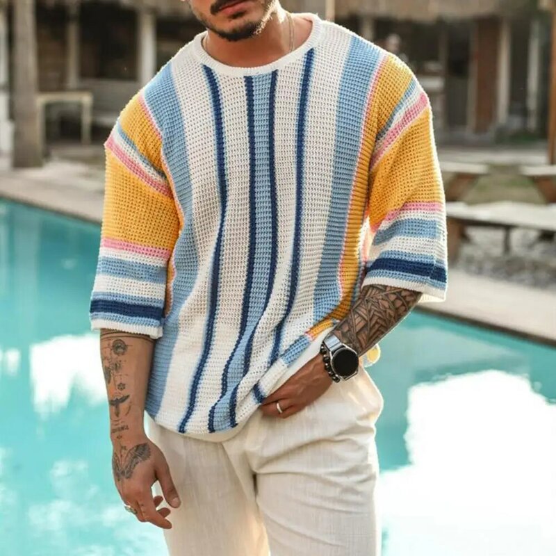 Casual Sweater Striped Print Men's Sweater with Round Neck Half Sleeves Color Matching Loose Pullover for Summer Fall Spring