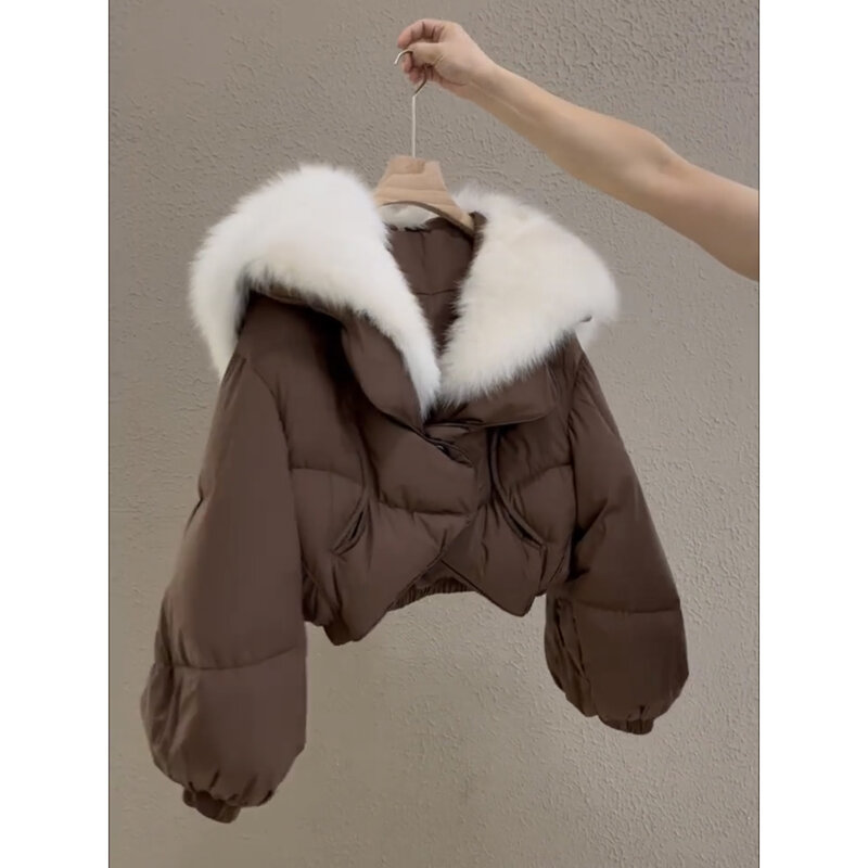 人工キツネの毛皮のステッチが付いたショートダウンジャケット,女性用,長袖ランタンの衣服,短い綿のコート,秋と冬