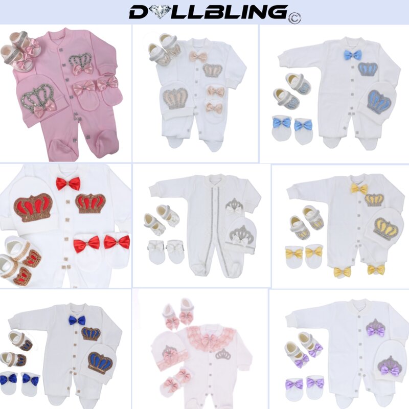 Dollbling 로얄 블링 쥬얼리 왕관 선물 의류 세트, 웰컴 홈 아기 롬퍼 벙어리 장갑 보넷 잠옷 복장, 4 개 레이어