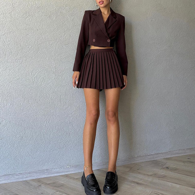 Terno de blazer curto casual feminino, blazer elegante de manga longa e mini saia plissada, cor sólida, 2 peças, outono