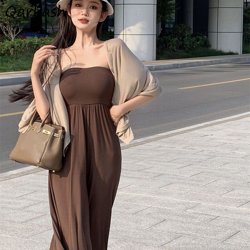 Matching Sets Women Jumpsuits Strapless Solid Soft Elegant Ladies Chic Streetwear Loose Fit Summer Fashion Two-piece Trendy