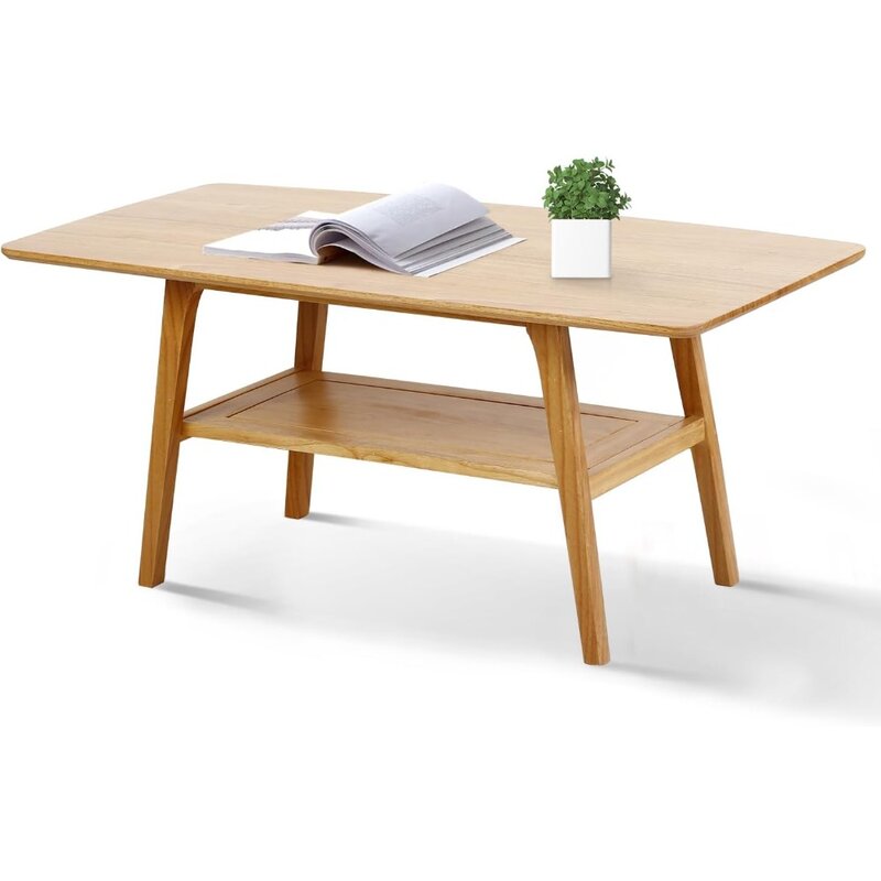Mesa de centro de madera maciza con estante de almacenamiento, mesa abierta