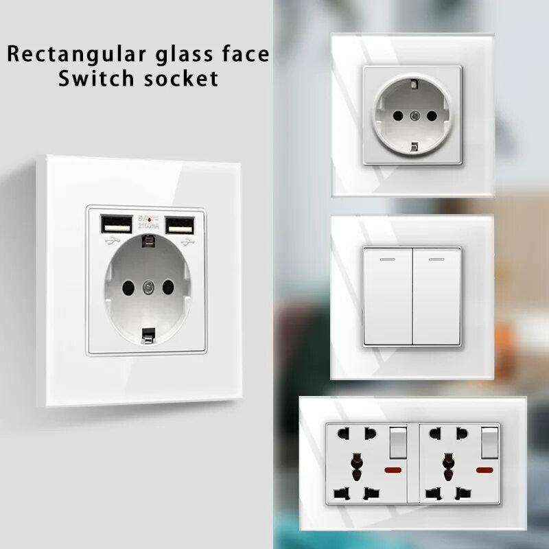 EU Standard Single Power Socket Touch Switch Usb Wall Sockets Double Sockets UK/RU Wall Sockets Tempered Glass Sockets