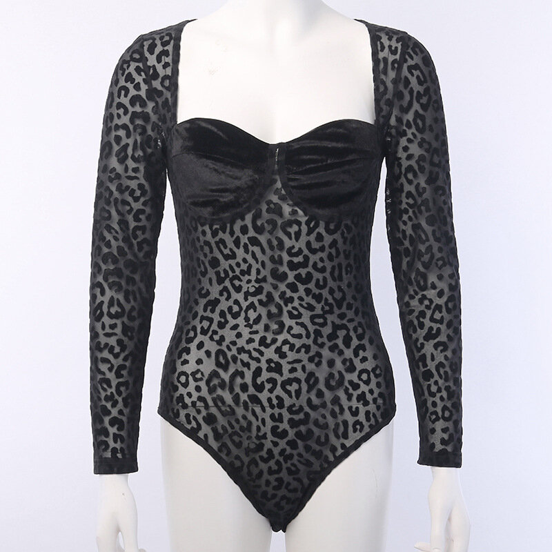 Tuta a maniche lunghe Patchwork modello leopardo donna europea e americana primavera collo quadrato maglia Slim fit Top
