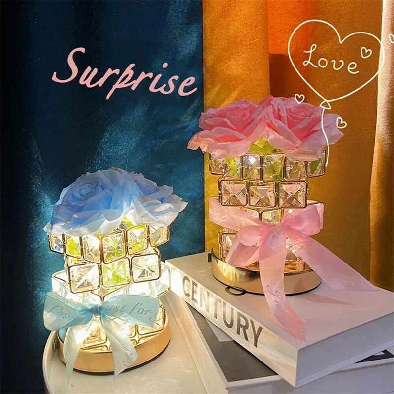 LED 장미 테이블 램프, 3 색 충전식 크리스탈 루빅스 큐브 야간 조명, 여자 친구 발렌타인 데이 생일 로맨틱 선물