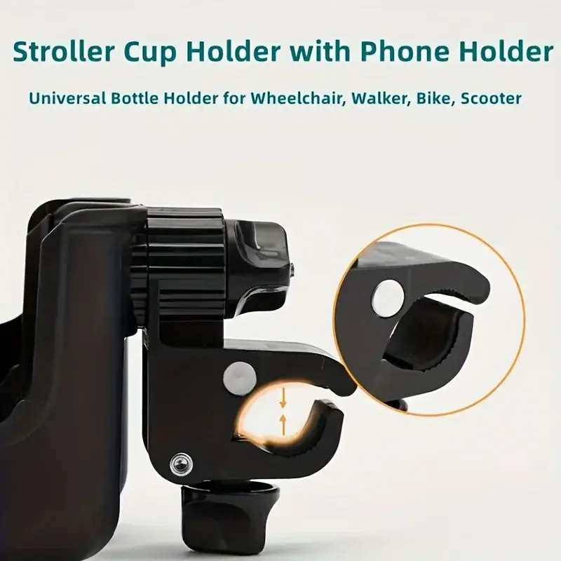 Universal Stroller Water Cup Holder com suporte do telefone, suporte para garrafa para cadeira de rodas, criança, acessórios, 2 em 1