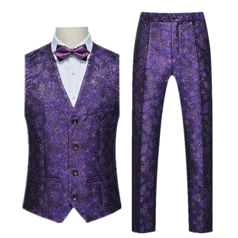 Jacquard Fabric V-Neck Sleeveless Vest & Trousers Men's Wedding Party Two Piece Set White Blue Black Red Purple M-5XL 6XL