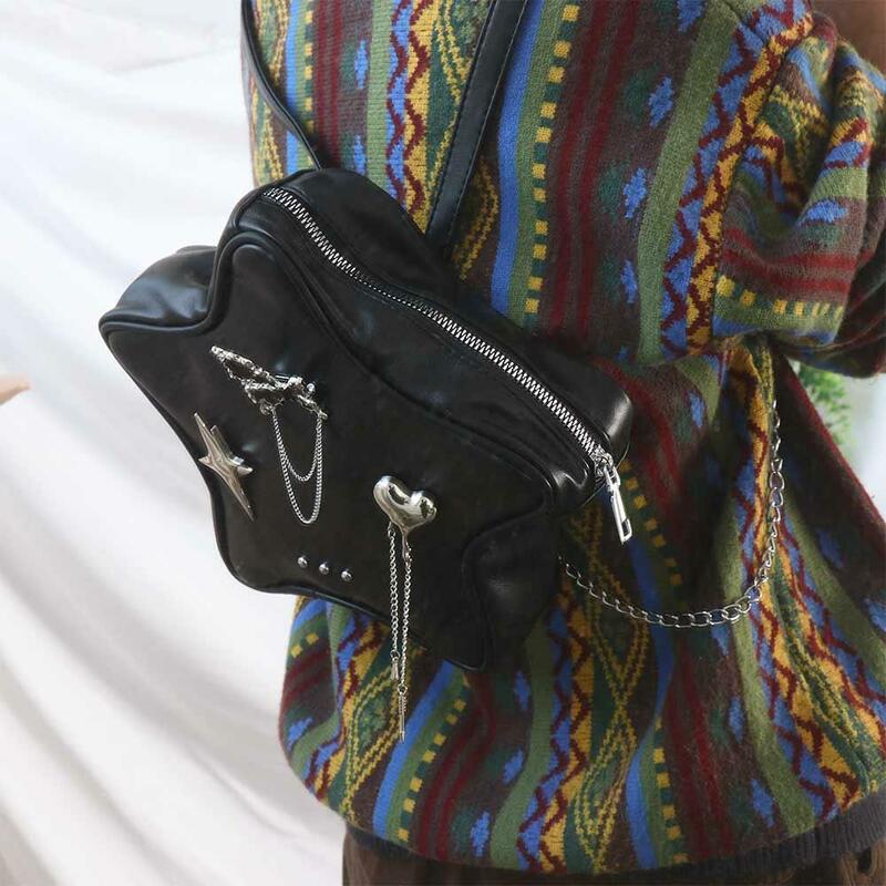 Butterfly Star Backpack Punk PU Leather Heart Y2k Shoulder Bag Letter Large Capacity Leather School Bag Female/Girls
