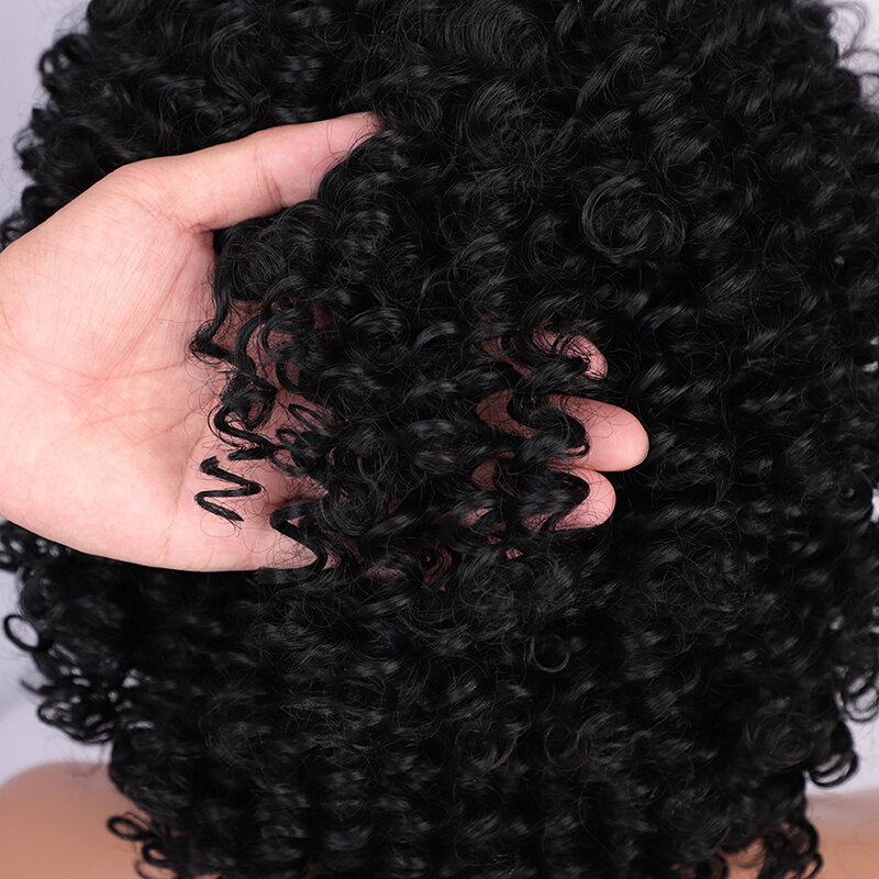 Long Afro Curly Wig with Bang 80's Vintage Style Medium Length Fake Hair Clip-Free Mesh Headgear 14inch for Woman Daily Use