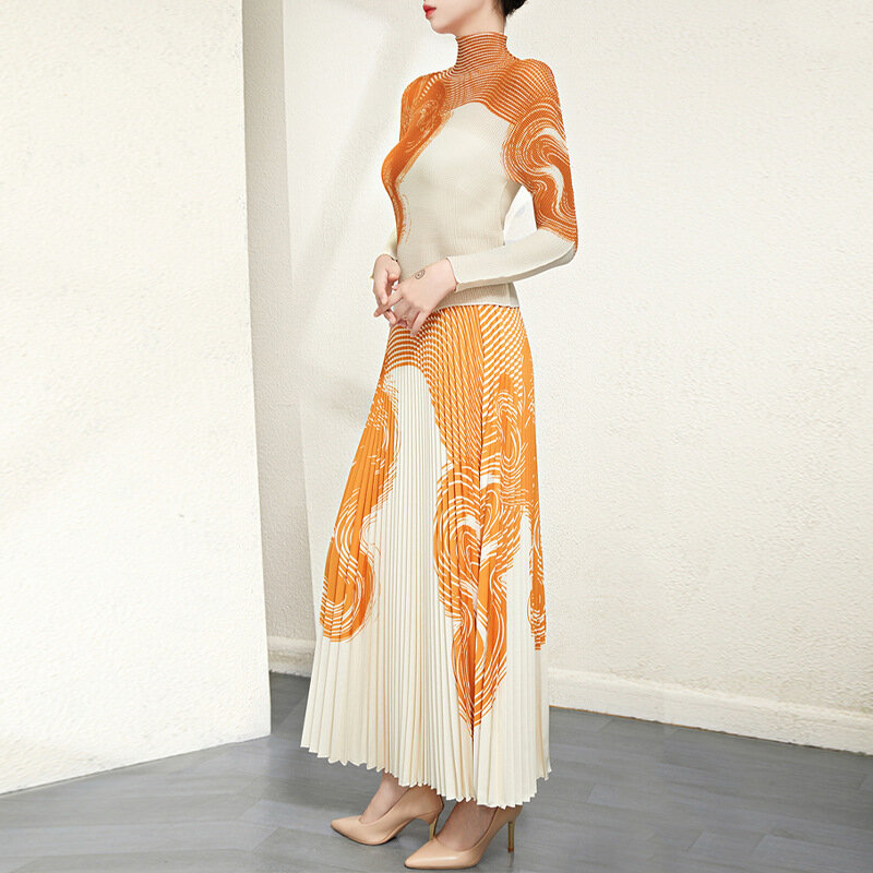 Miyake-conjunto plisado de dos piezas para mujer, Top con estampado curvo, media falda con textura, primavera y otoño, 2024
