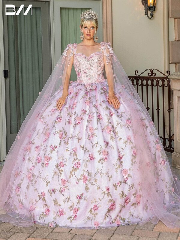 Princesa Floral vestido de baile estampado com capa, vestido Quinceanera, vestidos, 2023