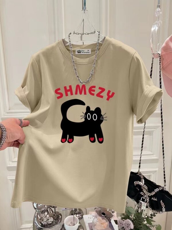 2024 New Summer Cute cartoon Cat Print Pure Cotton Short Sleeve Women T-shirts Streetwear Tops Outdoor Casual O Neck Tee