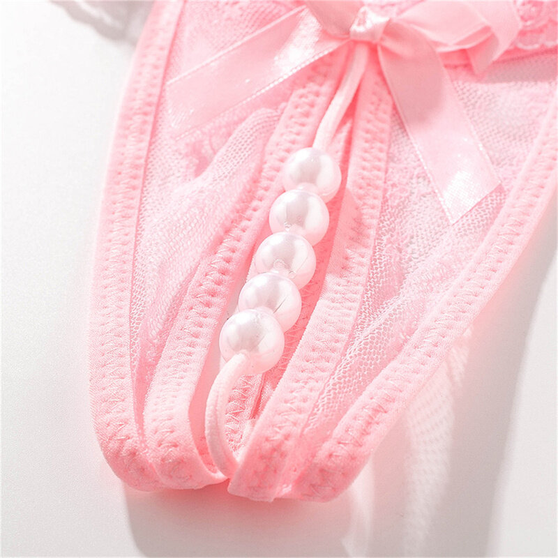Culotte Sexy en gaze pour femmes, sous-vêtements en dentelle avec perles, taille basse, string féminin, slip de tentation