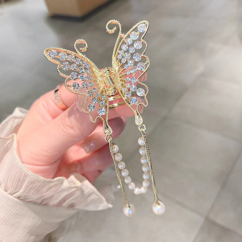 Exquisite Rhinestone Butterfly Tassel Hair Claw Korean Style Ponytail Braid Pearl Hair Clip For Women Girl Clip Metal Headdress