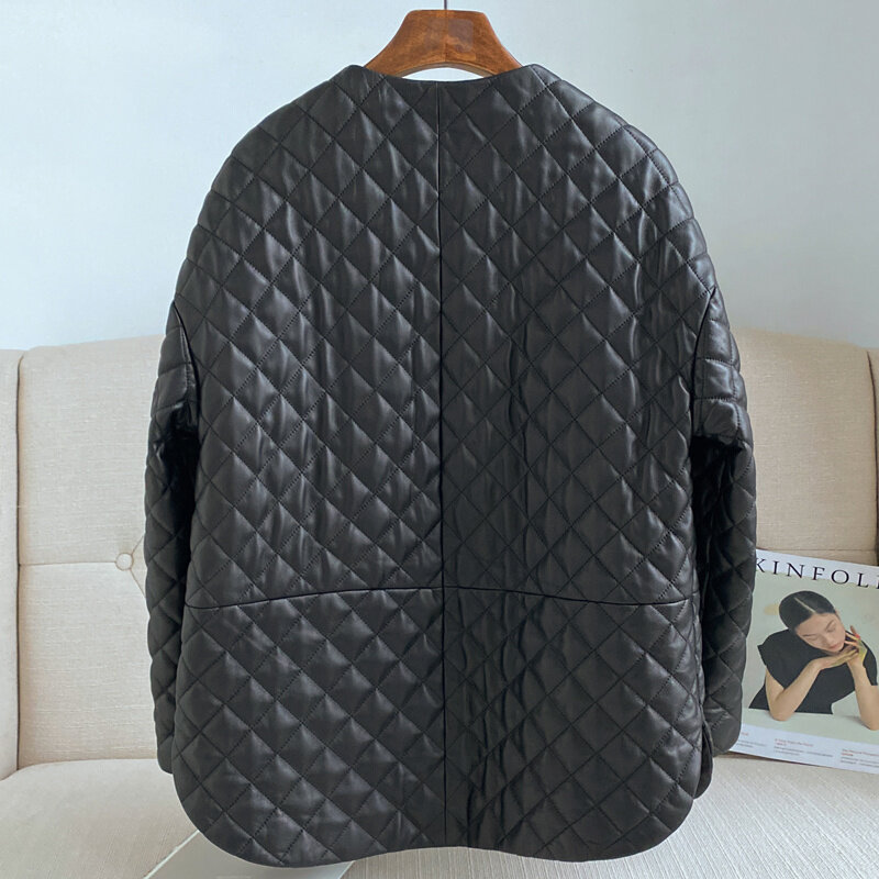 Jaket Hitam Pakaian Kulit Wanita Asli Musim Semi Musim Gugur Jaket Kulit Asli Panjang Berlapis Kapas Kualitas Tinggi Mantel Wanita Zm546