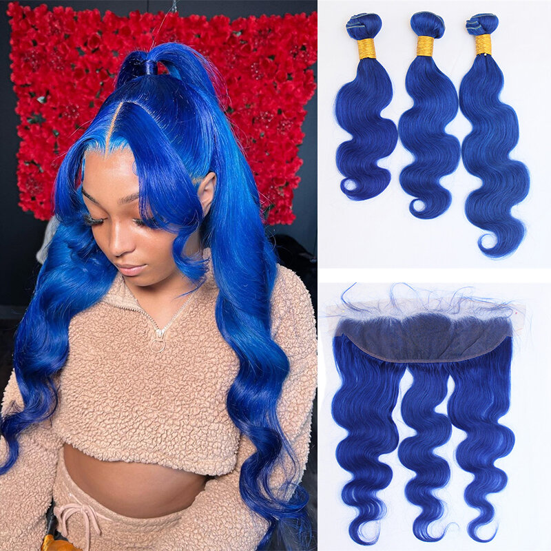 Paquete de cabello humano azul real con cierre, mechones de cabello de color azul oscuro con onda corporal Frontal