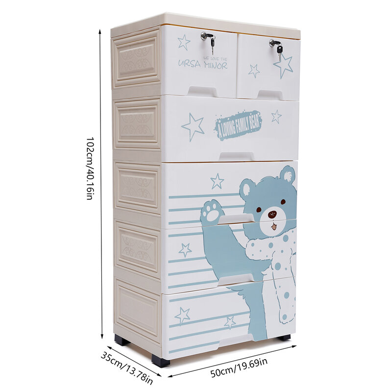 Armário de armazenamento de plástico com 6 gavetas Organizador Dresser, Toy Doll, Polar Bear Floor Closet, Crianças Bookcase, Kids Bedroom Furniture