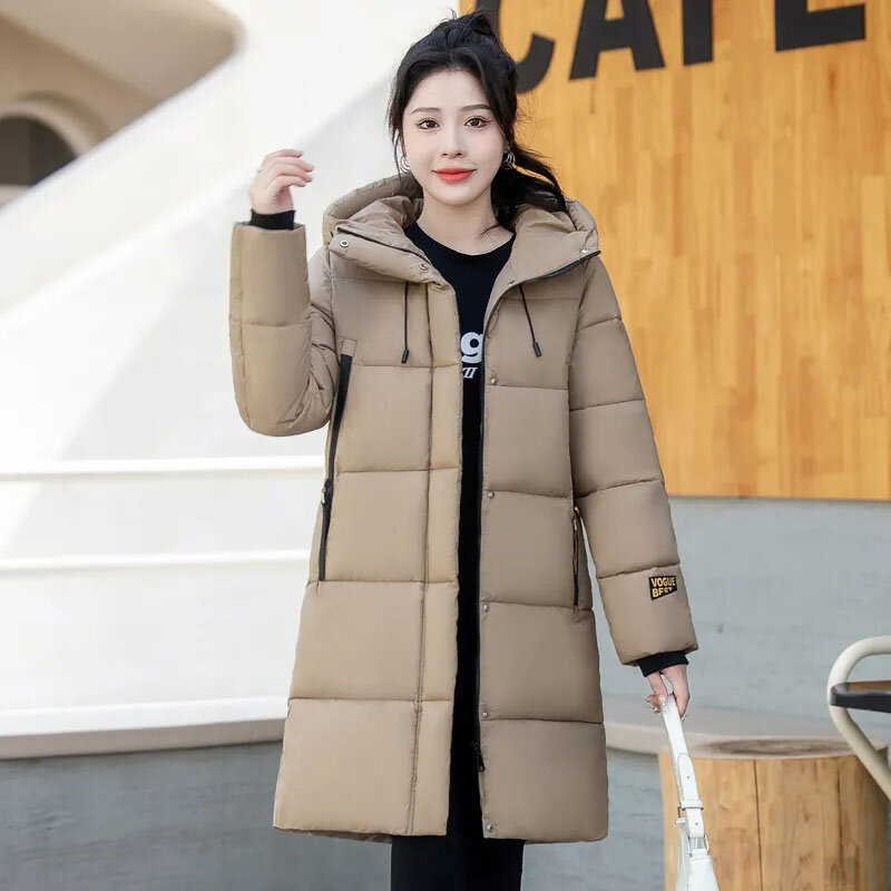 Jaket panjang katun bertudung wanita, mantel hangat mode kasual bertudung, jaket katun isi kapas gaya Korea baru musim dingin