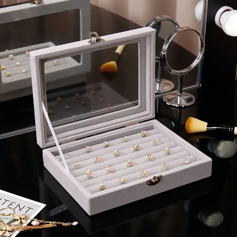 Grey Portable Velvet Jewelry Ring Box Jewelry Display Organizer Box Tray Holder Earring Jewelry Storage Case Packaging Showcase