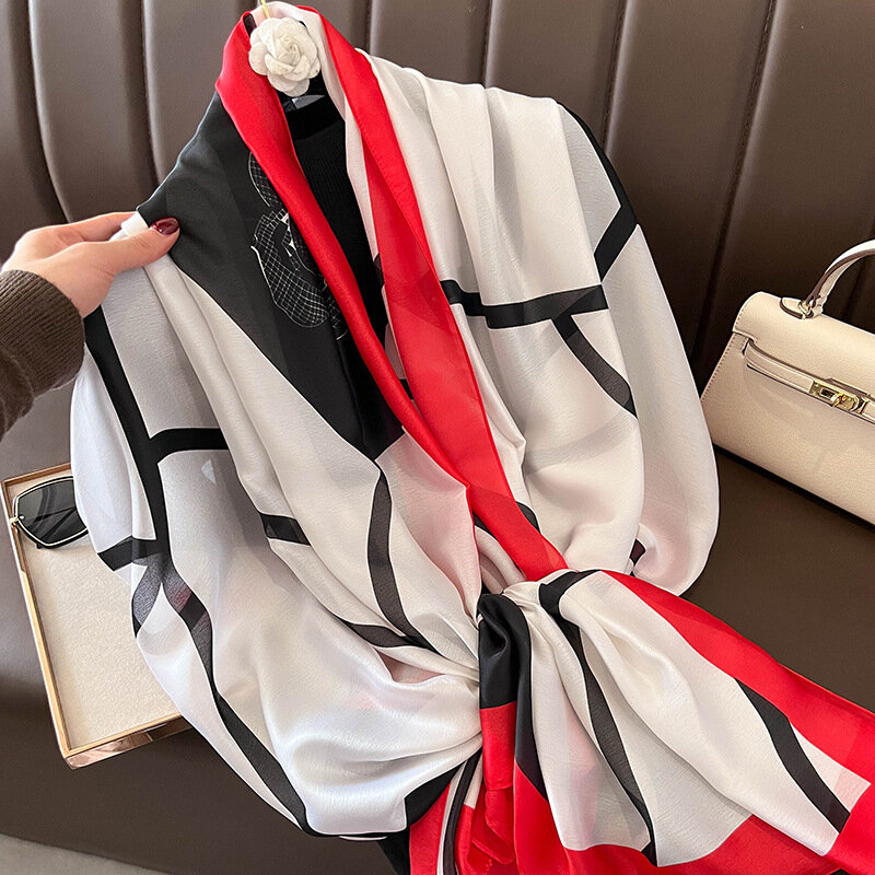180*90cm duży satyna jedwabna szalik damski z nadrukiem wiosenny nowy szal damski fulard paszmina podróżny Echarpe 2022 nowy