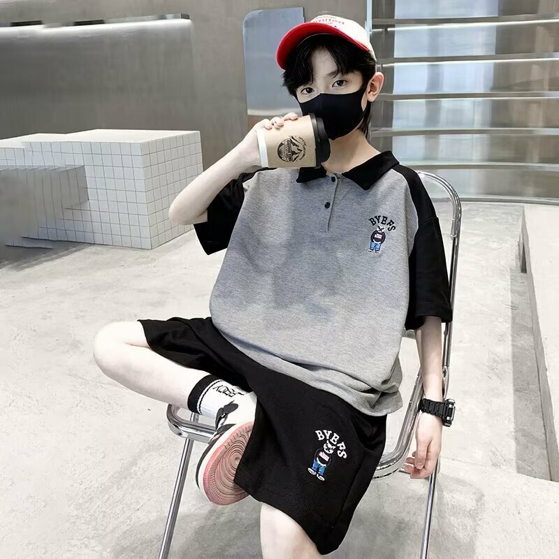 Summer Clothes Set Children Boy Lapel Cartoon Bear T-shirts and Shorts 2 Pieces Suit Teenage Embroidery Top Bottom Outfits