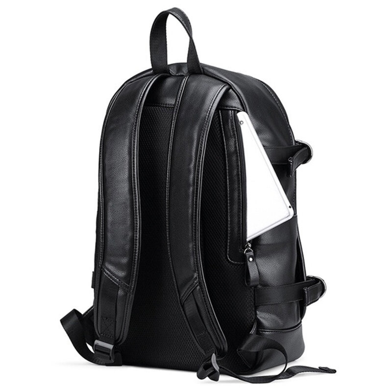 Mochila impermeável de couro PU para homens, carga USB externa, bolsa de viagem de moda, bolsa escolar casual, bolsa de ombro preta