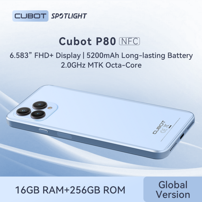 Cubot P80, smartphone Android 13, wereldwijde versie, 16GB RAM (8GB + 8GB uitgebreid), 256GB ROM, NFC-ondersteuning, 6.583 "FHD + scherm, 5200 mAh, 48 MP camera, 4G telefoon, Dual SIM phone, Galileo, GPS