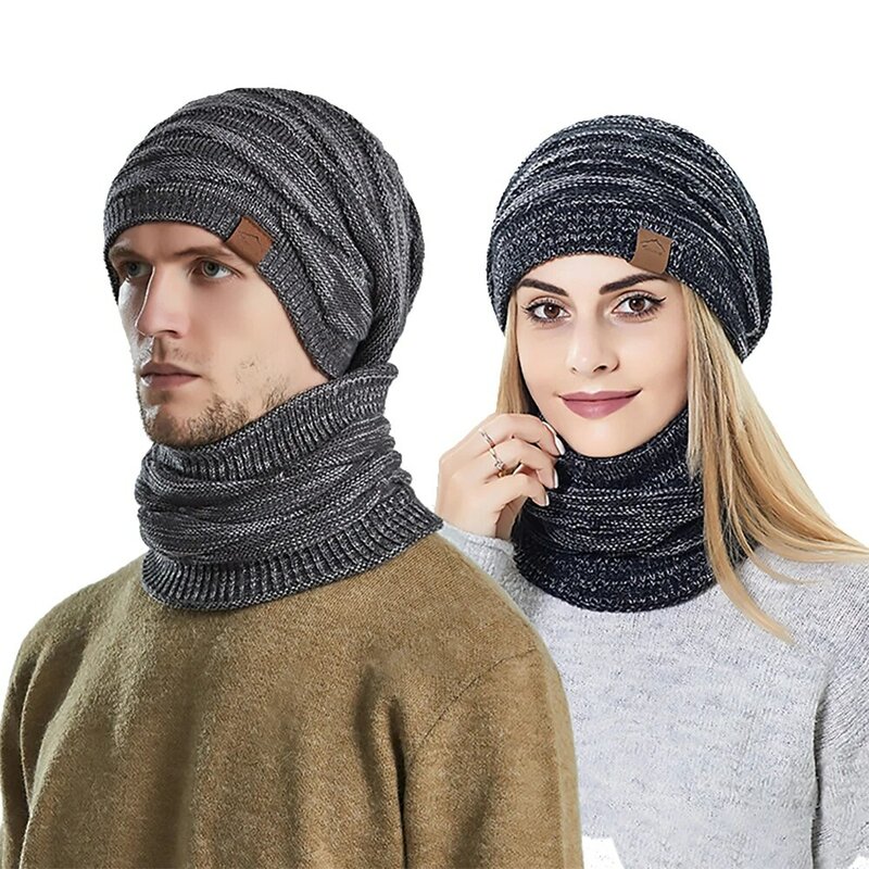 Men's Winter Keep Warm Beanie Scarf Set Women Fleece Lining Woolen Yarn Hat Knit Neck Gaiter Solid Color Unisex Design Wholesale