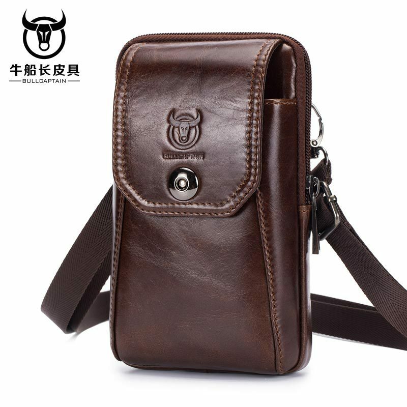BULLCAPTAIN Genuine Leather Waist Pack Fanny Pack Belt Bag Phone Pouch Bags Travel Waist Pack Male Small Waist Bag Leather Pouch