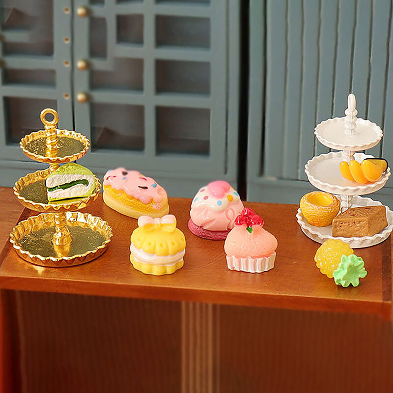 Bandeja de frutas en miniatura para casa de muñecas, soporte para pasteles, postre, modelo de adorno de simulación de fruta, juguete de decoración de casa, 3 capas, 1:12
