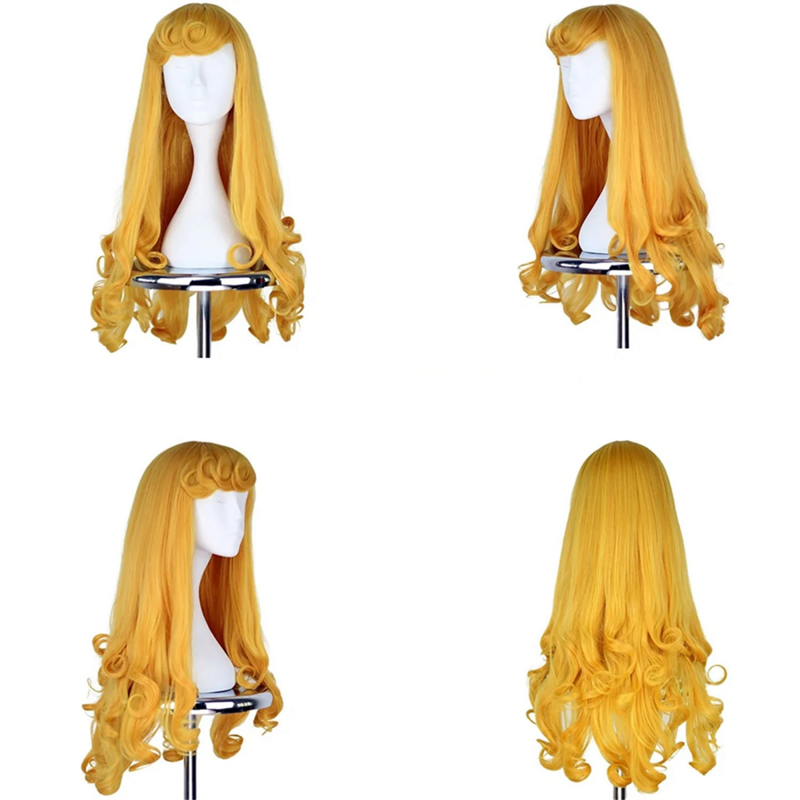 Peluca de princesa de bella durmiente de Anime para mujer, cabello largo amarillo, disfraz de Cosplay, pelucas de fiesta de Halloween, cabello largo y rizado