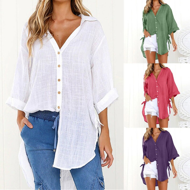 2024 Summer Cotton Linen Women'S Shirt Oversize Long Sleeve Flax Shirts Female Loose Office Elegant Fashion Blouse Lady Clothes