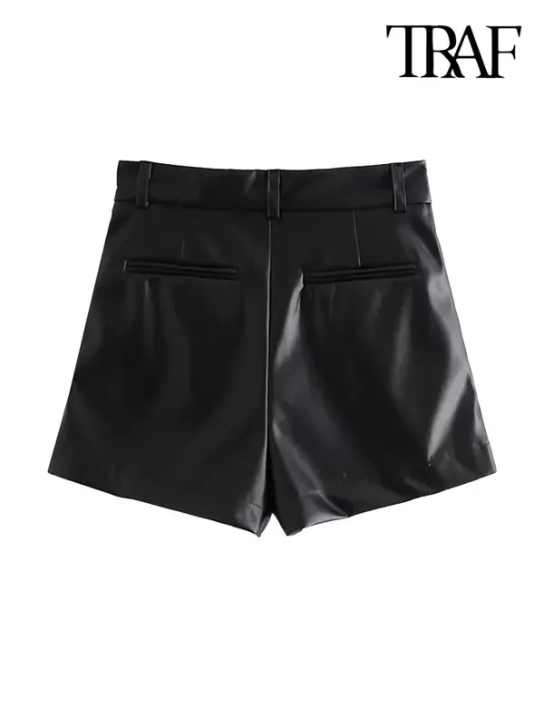 NMZM Shorts de couro sintético feminino, bolsos laterais, vintage, cintura alta, mosca com zíper, calça curta feminina, moda chique