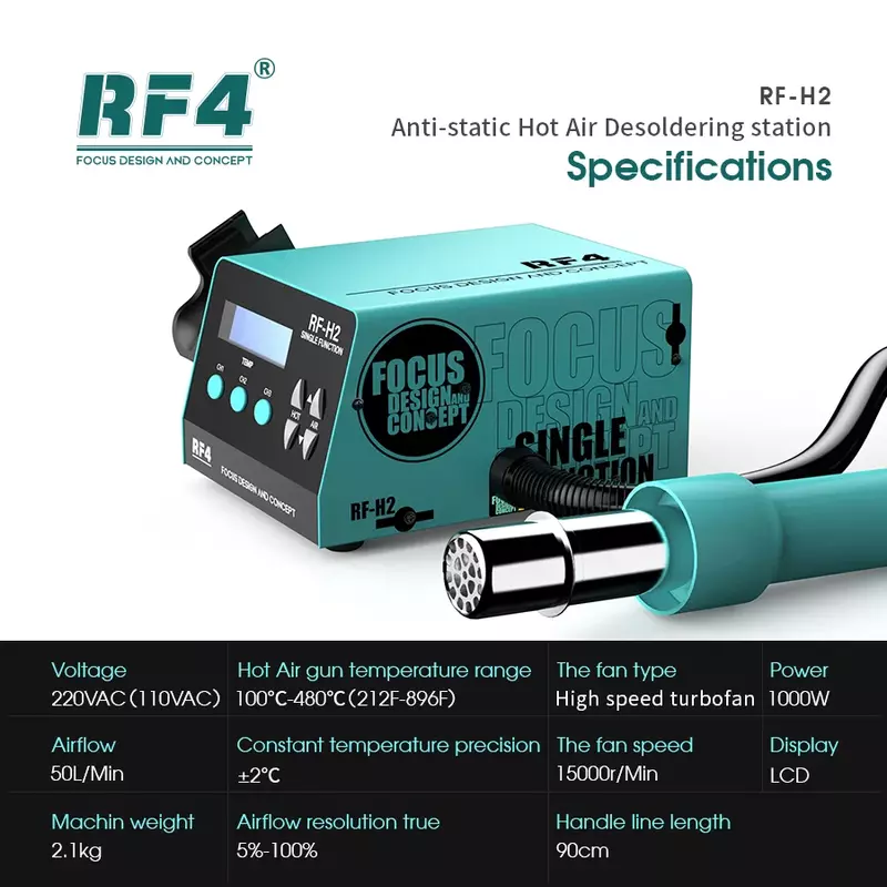 เครื่องอุปกรณ์เชื่อมสายไฟปืนเป่าลมร้อน RF4 RF-H2จอแสดงผลดิจิตอลสถานี BGA อัจฉริยะเพื่อซ่อมแซมชิป PCB 1000W