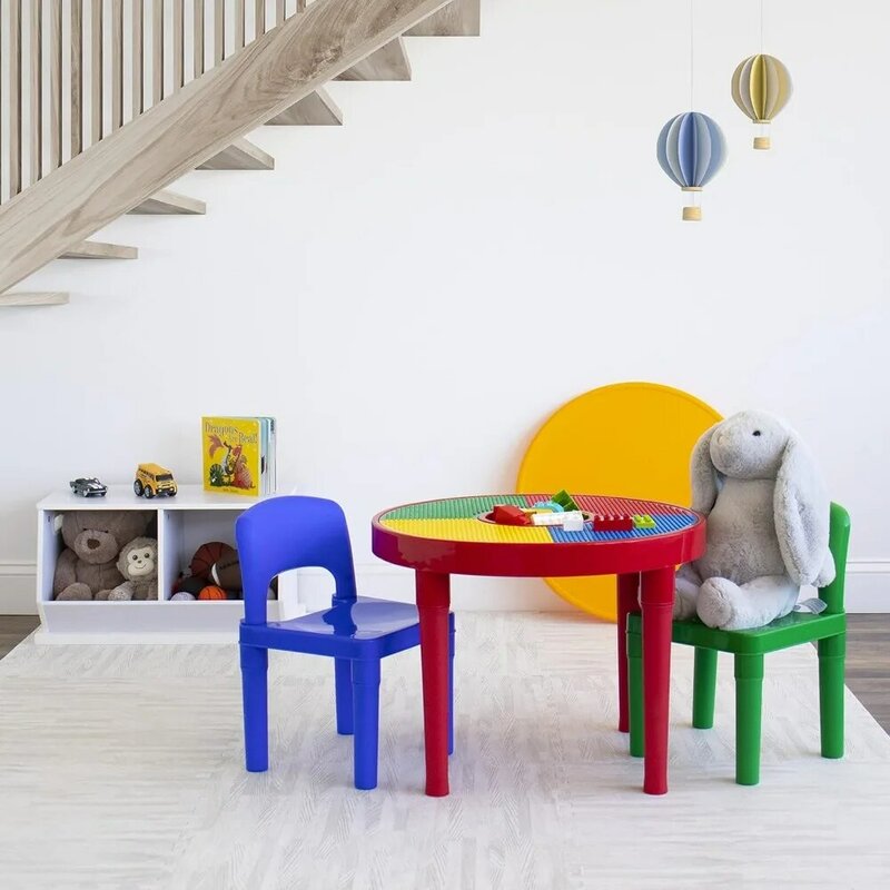 Kindertafels En Stoelen Rood/Groen/Blauw Kids 2-In-1 Plastic Blokken-Compatibele Activiteitstafel En 2 Stoelen Set, Primaire Kleuren