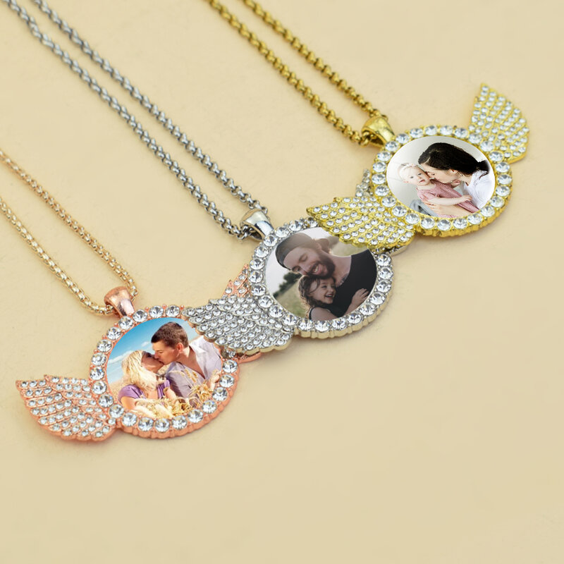 Custom Photo Memory Rhinestone Glass Necklace Personalized Family Picture Necklace Angel Wings Pendant Hip Hop Jewelry Gift