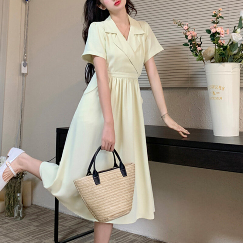 2024 nowa letnia luźna artystyczna estetyczna sukienka biurowa w stylu chińskim z dekoltem w szpic z krótkim rękawem, jednolita, nieregularna damska szata