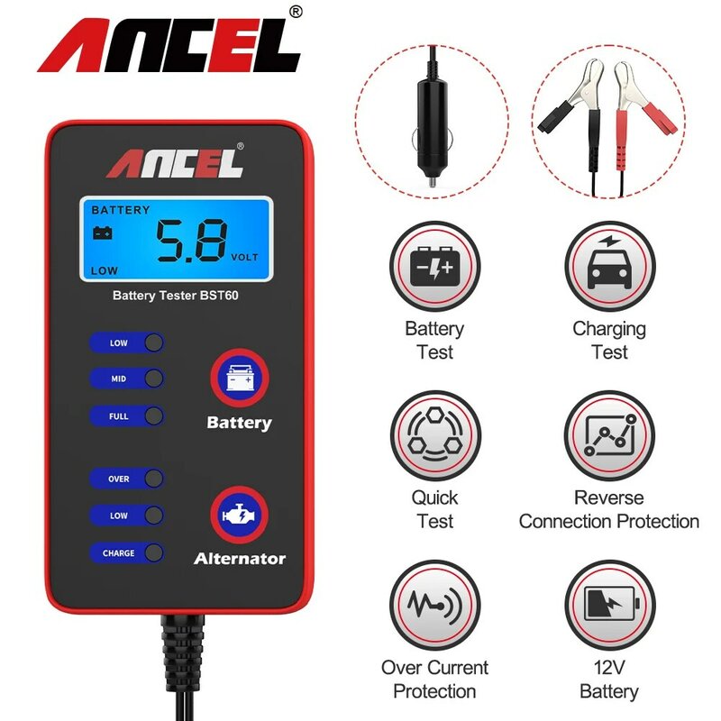 ANCEL – testeur de batterie et d'alternateur 12V, outils de Diagnostic de voiture, analyseur de batterie, charge de manivelle, OBD2, BST60