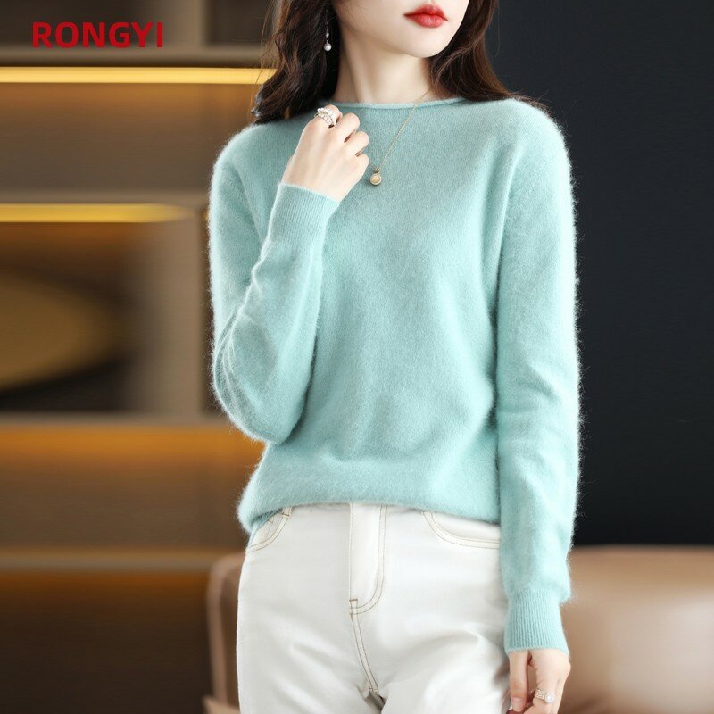 Rongyi เสื้อสเวตเตอร์ผ้าแคชเมียร์ขนมิงค์100% เสื้อผู้หญิงแบบสวมหัวคอกลมสไตล์เกาหลีเสื้อเสื้อยืดขนาดใหญ่พื้นหนาทรงหลวมฤดูใบไม้ร่วงและฤดูหนาว