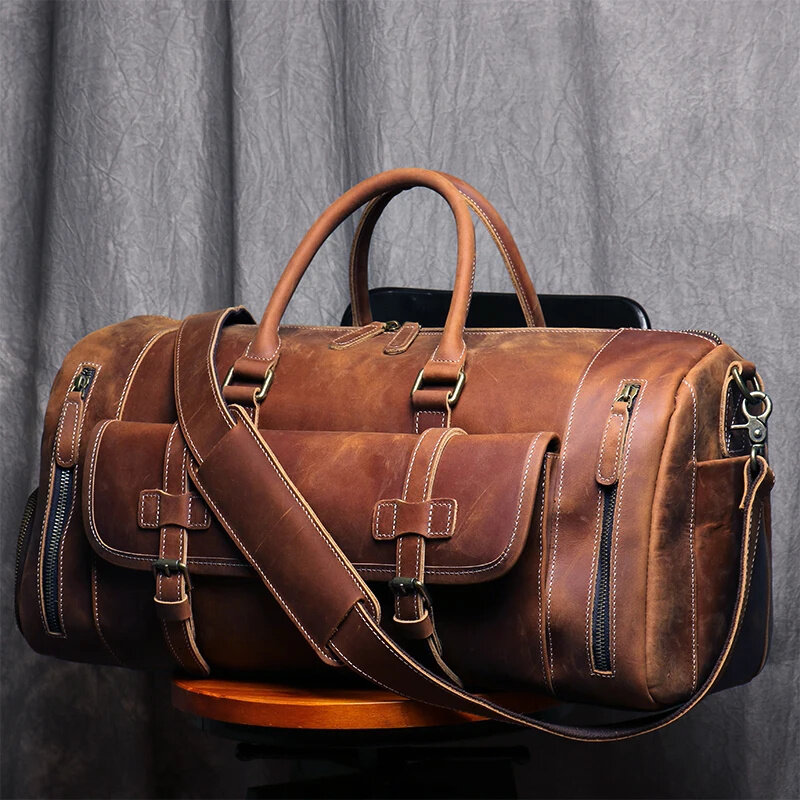 MUNUKI tas kulit asli untuk pria, tas jinjing besar bergaya Vintage bahan kulit kuda gila untuk pria