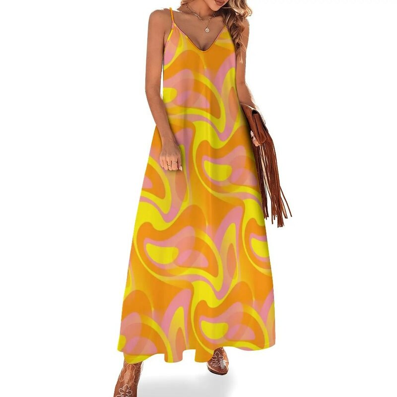 Feeling Groovy-vestido de graduación para mujer, prenda abstracta en naranja, rosa y amarillo, sin mangas, años 60, 2024