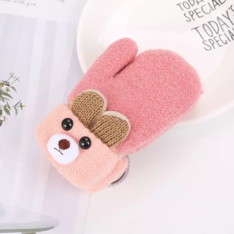 Cute Cartoon Bear Baby Gloves Winter Knitted Wool Infants Mittens Thicke Warm Full Rope Gloves For Boys Girls Toddlers 0-3 Y