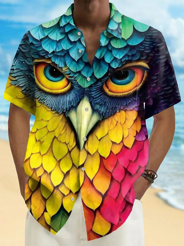 Zomer Heren Hawaiiaans Shirt 3d Bedrukte Kleurrijke Button Art T-Shirt Met Korte Mouwen Modieus Strandvakantie Dagelijks Shirt