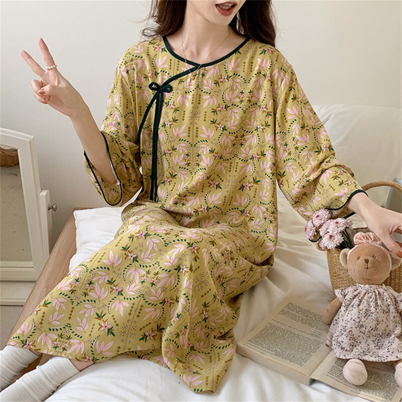 여성용 루즈한 잠옷, 긴 소매 잠옷, 중국 스타일 인쇄 잠옷, 통기성 홈웨어 원피스, 여름