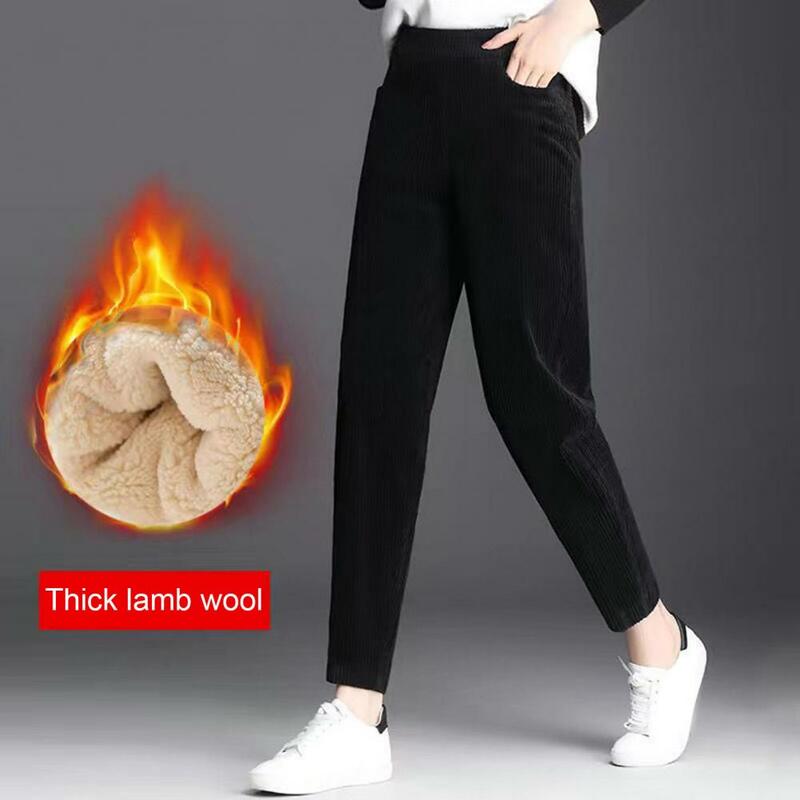 Теплые женские брюки, утепленные вельветовые шаровары с флисовой подкладкой, удобные зимние брюки для женщин с эластичным поясом и карманами для женщин