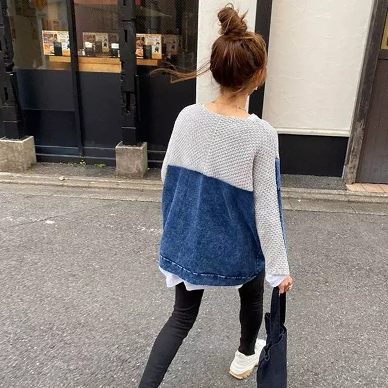 Jersey de retales de manga larga para mujer, suéter informal Harajuku, Tops de punto de moda coreana, ropa elegante, Otoño e Invierno