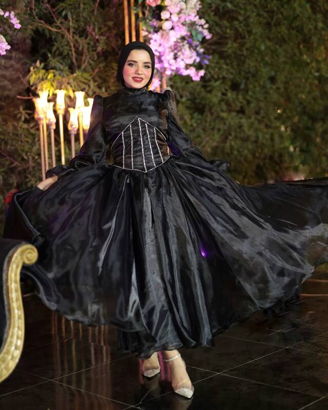 Jirocum Black A Line Muslim Prom Gown Women's Beaded Long Sleeve High Neck Party Evening Gowns Pleated Formal Occasion Dresses
