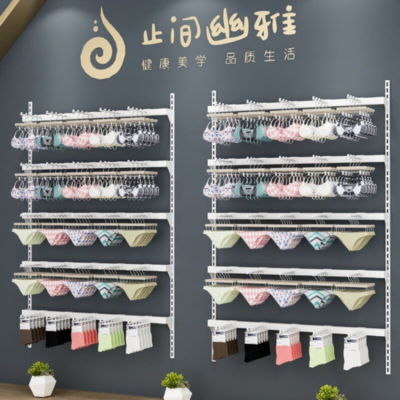 Estante de exhibición de ropa interior y sujetador personalizado, diseño de tienda de alta calidad, estante de pared al por menor